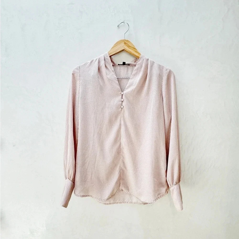 Adrianna Papell || Pink Polka Dot Satin Covered Button BlouseTop Small